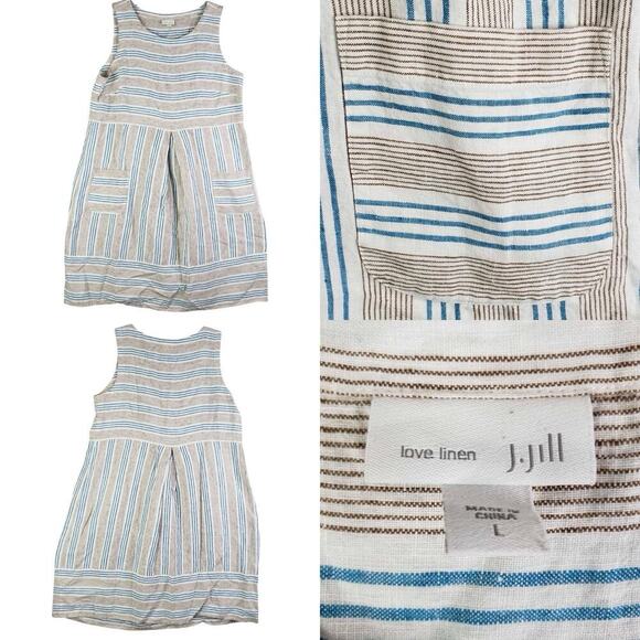J Jill Love Linen Dress Women’s Large L Gray Blue Striped Geometric Sleeveless - Picture 1 of 10